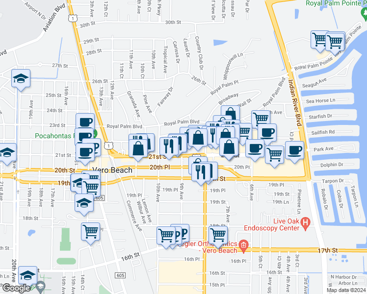 map of restaurants, bars, coffee shops, grocery stores, and more near 865 22nd Street in Vero Beach
