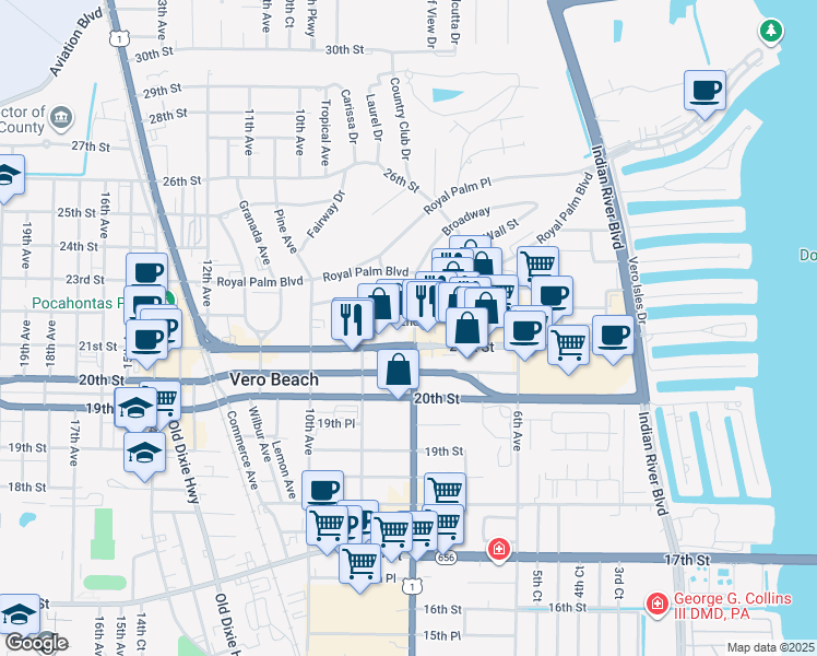 map of restaurants, bars, coffee shops, grocery stores, and more near 2117 8th Avenue in Vero Beach
