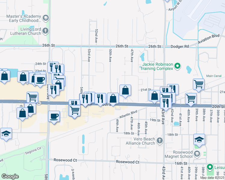 map of restaurants, bars, coffee shops, grocery stores, and more near 2036 50th Avenue in Vero Beach