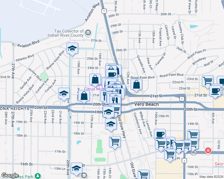 map of restaurants, bars, coffee shops, grocery stores, and more near 2150 15th Avenue in Vero Beach