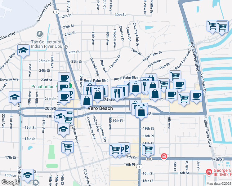 map of restaurants, bars, coffee shops, grocery stores, and more near 2180 10th Avenue in Vero Beach