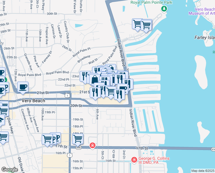map of restaurants, bars, coffee shops, grocery stores, and more near 502 21st Street in Vero Beach
