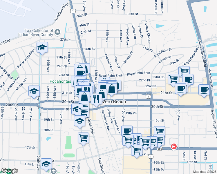 map of restaurants, bars, coffee shops, grocery stores, and more near 203 Ponce De Leon Circle in Vero Beach