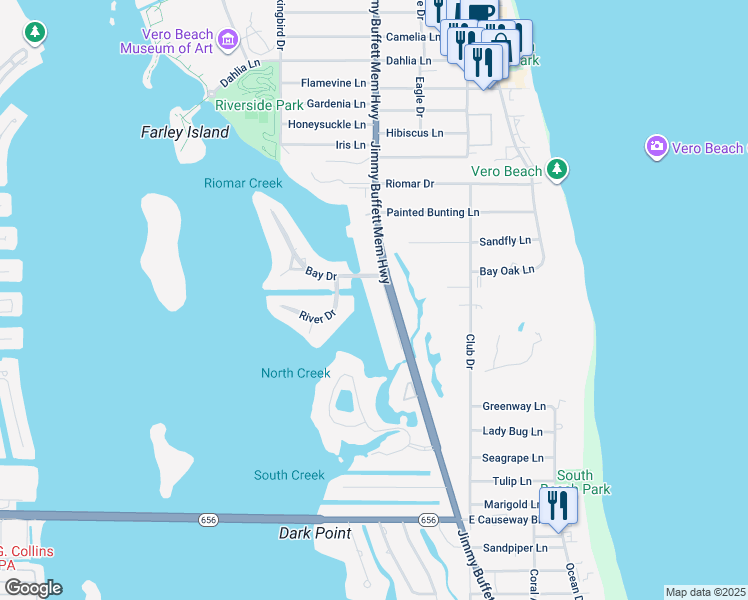 map of restaurants, bars, coffee shops, grocery stores, and more near 2203 Cove Drive in Vero Beach