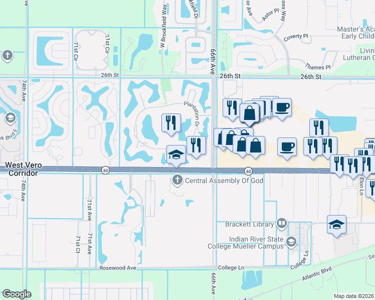 map of restaurants, bars, coffee shops, grocery stores, and more near 47 Plantation Drive in Vero Beach