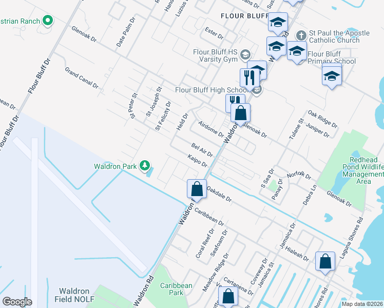 map of restaurants, bars, coffee shops, grocery stores, and more near 646 Kaipo Drive in Corpus Christi