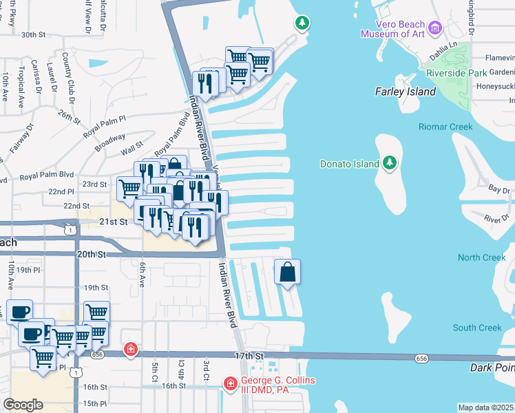 map of restaurants, bars, coffee shops, grocery stores, and more near 14 Park Avenue in Vero Beach