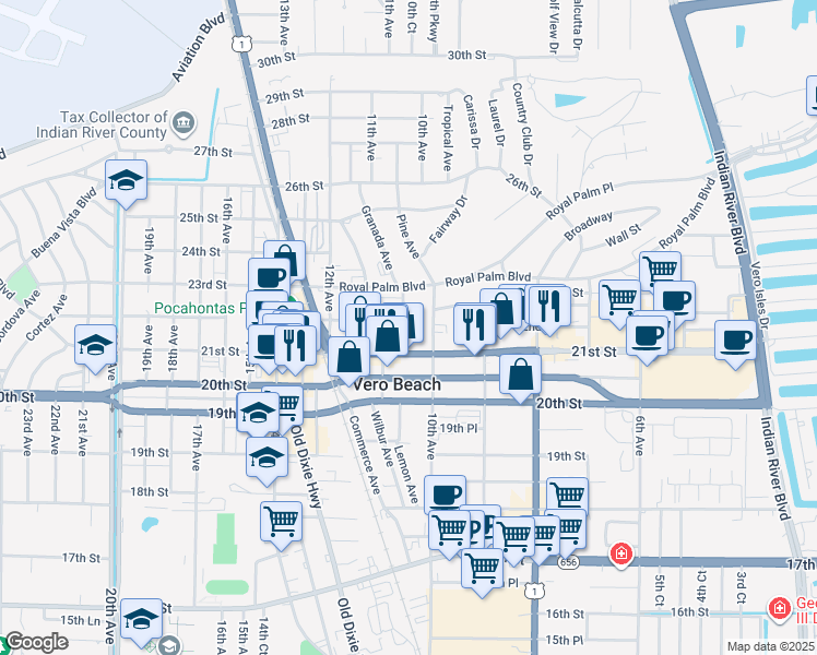 map of restaurants, bars, coffee shops, grocery stores, and more near 2182 Ponce De Leon Circle in Vero Beach