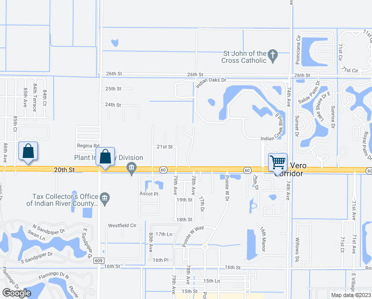 map of restaurants, bars, coffee shops, grocery stores, and more near 2050 Pine Creek Boulevard in Vero Beach