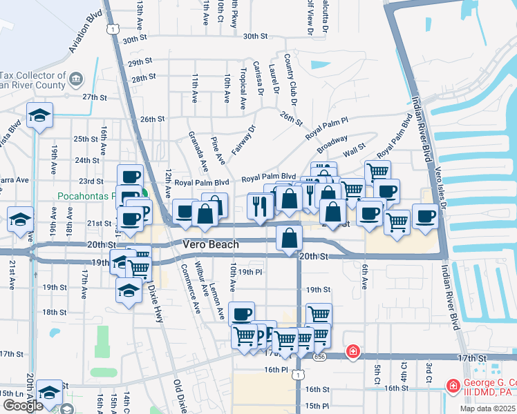map of restaurants, bars, coffee shops, grocery stores, and more near 855 22nd Street in Vero Beach