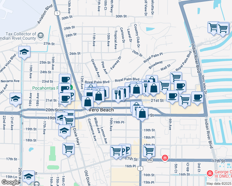 map of restaurants, bars, coffee shops, grocery stores, and more near 2180 10th Avenue in Vero Beach
