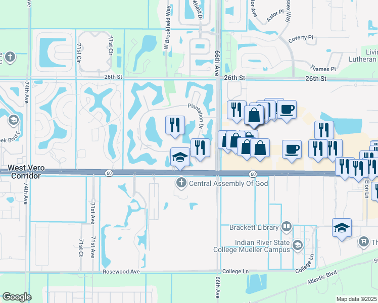 map of restaurants, bars, coffee shops, grocery stores, and more near 45 Plantation Drive in Vero Beach