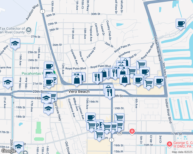 map of restaurants, bars, coffee shops, grocery stores, and more near 855 22nd Street in Vero Beach