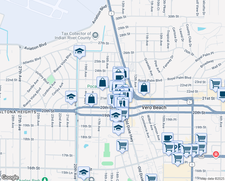 map of restaurants, bars, coffee shops, grocery stores, and more near 2150 15th Avenue in Vero Beach