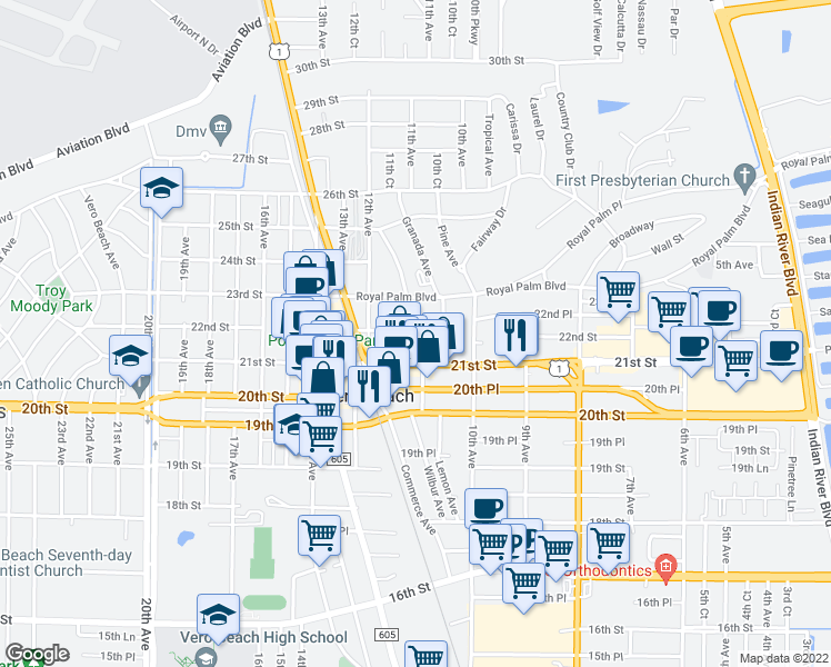 map of restaurants, bars, coffee shops, grocery stores, and more near 203 Ponce De Leon Circle in Vero Beach