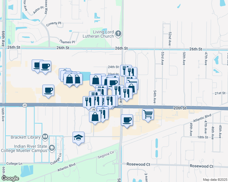 map of restaurants, bars, coffee shops, grocery stores, and more near 5800 20th Street in Vero Beach