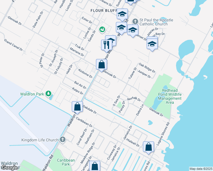 map of restaurants, bars, coffee shops, grocery stores, and more near 2917 Waldron Road in Corpus Christi