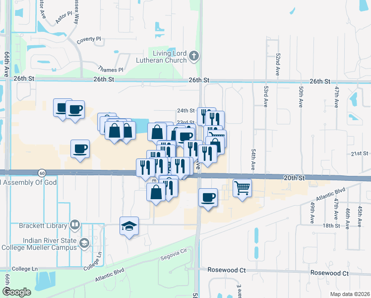 map of restaurants, bars, coffee shops, grocery stores, and more near 5800 20th Street in Vero Beach