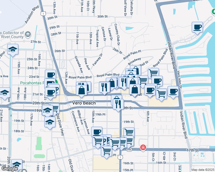 map of restaurants, bars, coffee shops, grocery stores, and more near 866 22nd Street in Vero Beach