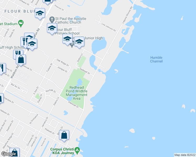 map of restaurants, bars, coffee shops, grocery stores, and more near 2501 Laguna Shores Road in Corpus Christi
