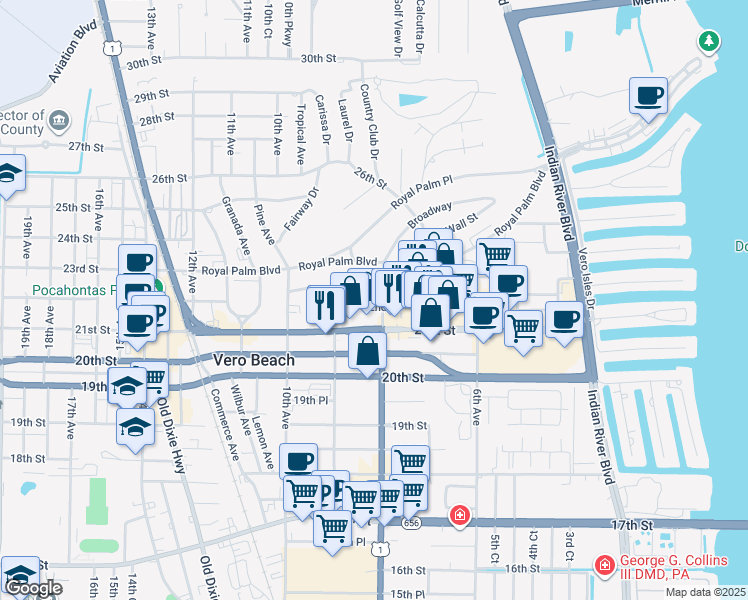 map of restaurants, bars, coffee shops, grocery stores, and more near 2117 8th Avenue in Vero Beach