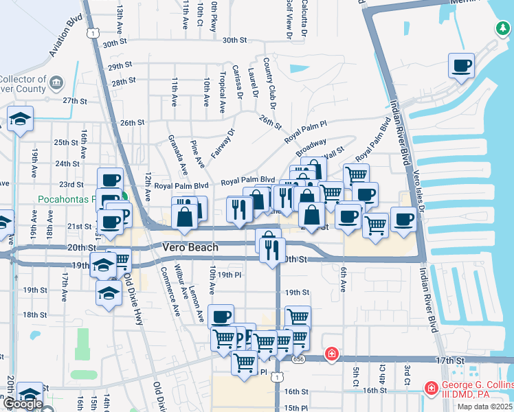 map of restaurants, bars, coffee shops, grocery stores, and more near 855 22nd Street in Vero Beach