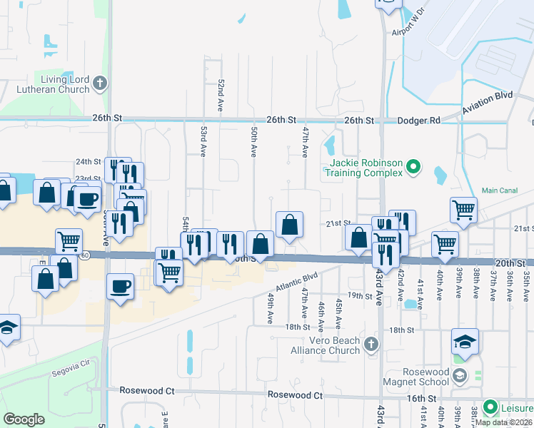 map of restaurants, bars, coffee shops, grocery stores, and more near 2036 50th Avenue in Vero Beach