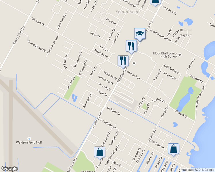 map of restaurants, bars, coffee shops, grocery stores, and more near 605 Bel Air Drive in Corpus Christi