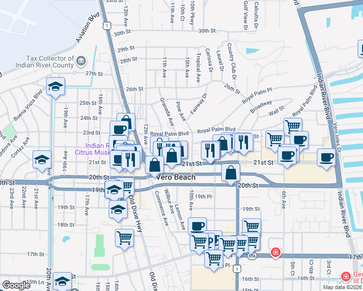 map of restaurants, bars, coffee shops, grocery stores, and more near 2182 Ponce De Leon Circle in Vero Beach