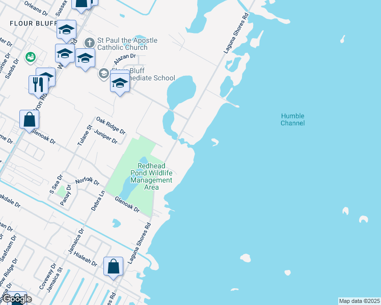 map of restaurants, bars, coffee shops, grocery stores, and more near 2445 Laguna Shores Road in Corpus Christi