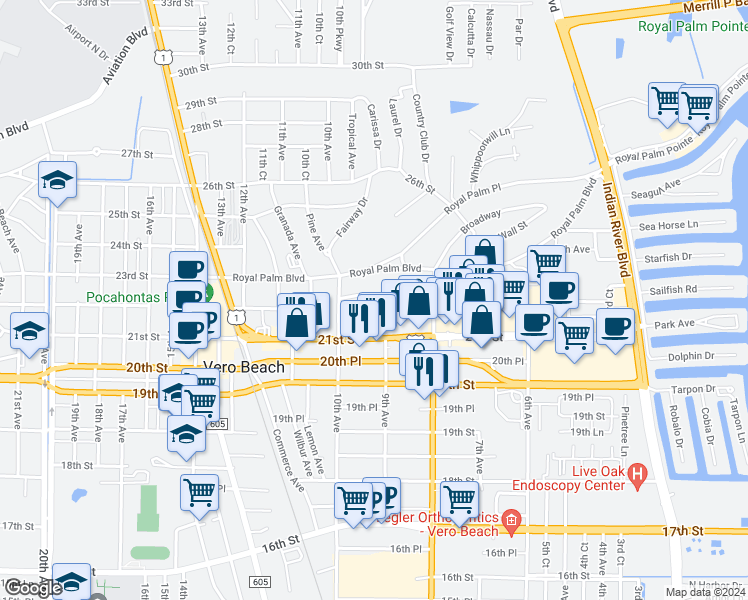 map of restaurants, bars, coffee shops, grocery stores, and more near 855 22nd Street in Vero Beach