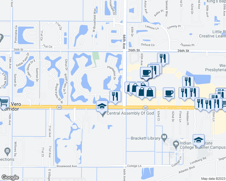 map of restaurants, bars, coffee shops, grocery stores, and more near 44 Plantation Drive in Vero Beach