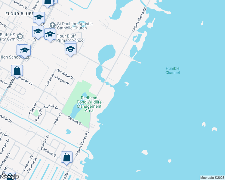 map of restaurants, bars, coffee shops, grocery stores, and more near 2445 Laguna Shores Road in Corpus Christi