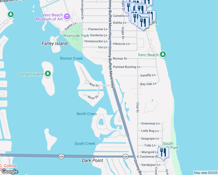 map of restaurants, bars, coffee shops, grocery stores, and more near 2203 Cove Drive in Vero Beach