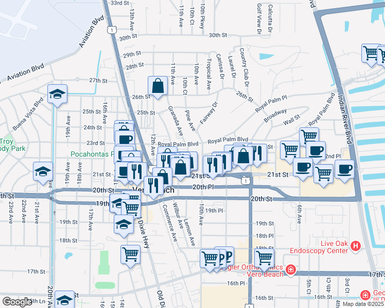 map of restaurants, bars, coffee shops, grocery stores, and more near 1031 Royal Palm Boulevard in Vero Beach