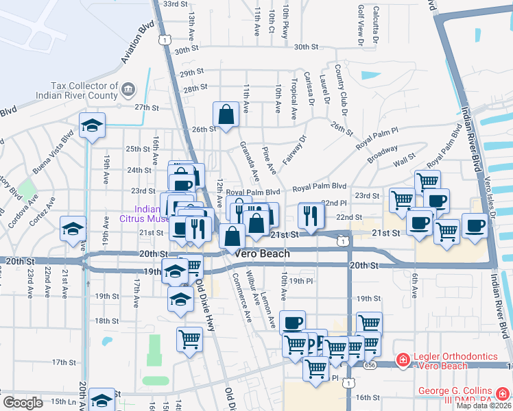 map of restaurants, bars, coffee shops, grocery stores, and more near 1044 Royal Palm Boulevard in Vero Beach