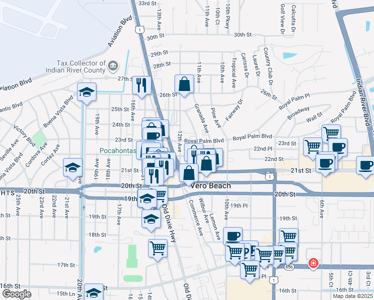 map of restaurants, bars, coffee shops, grocery stores, and more near 1165 23rd Street in Vero Beach