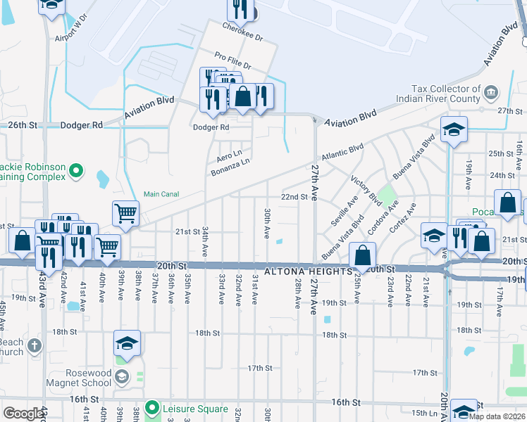 map of restaurants, bars, coffee shops, grocery stores, and more near 2176 30th Avenue in Vero Beach