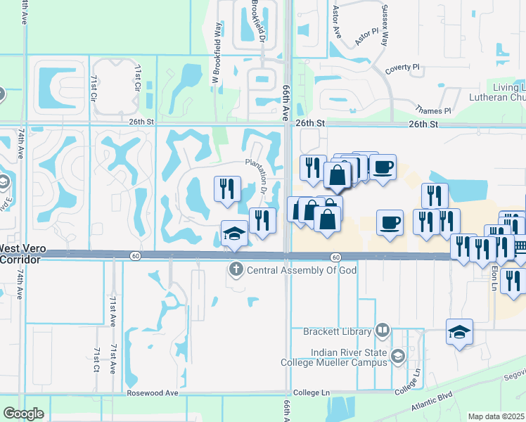 map of restaurants, bars, coffee shops, grocery stores, and more near 38 Plantation Drive in Vero Beach