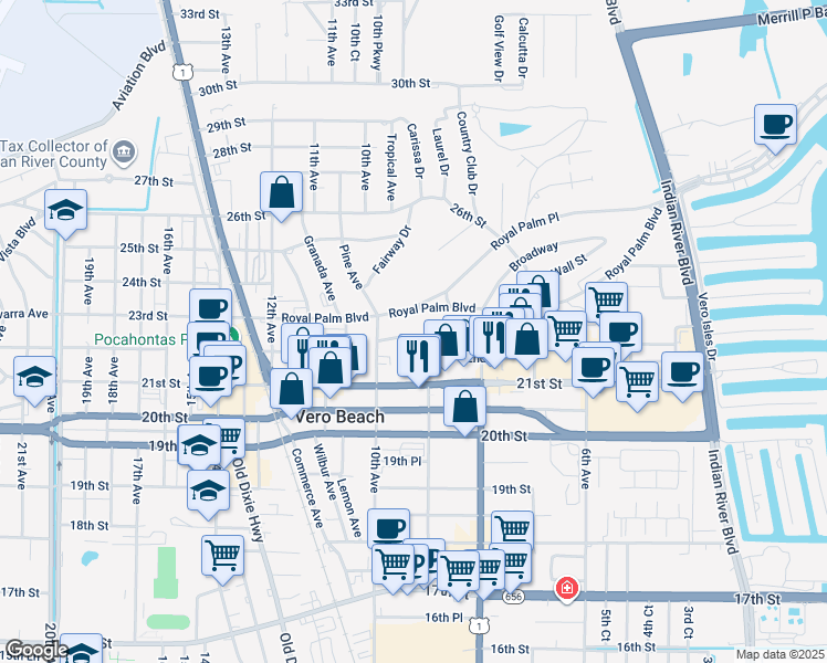 map of restaurants, bars, coffee shops, grocery stores, and more near in Vero Beach