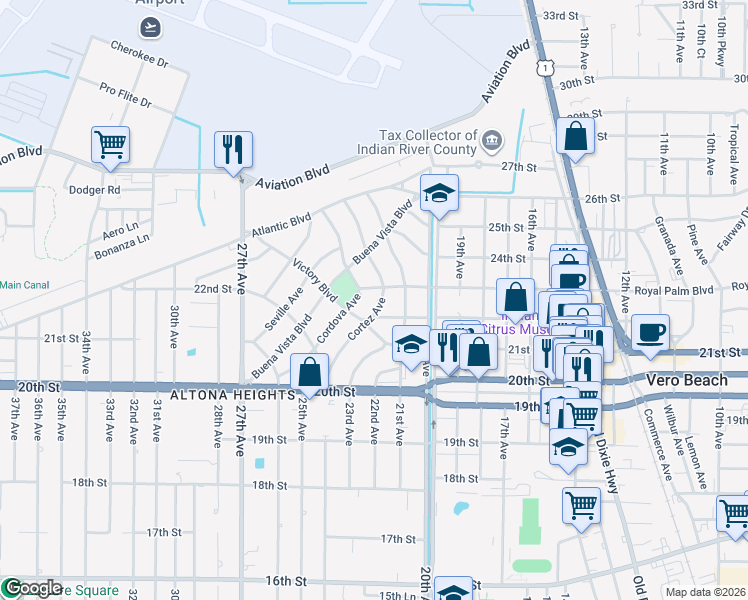 map of restaurants, bars, coffee shops, grocery stores, and more near 2266 Cortez Avenue in Vero Beach