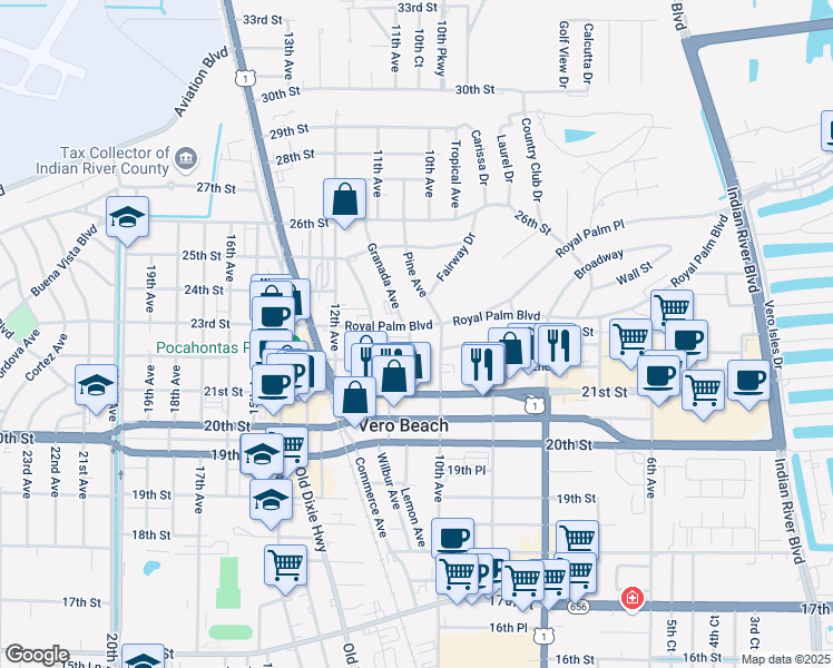 map of restaurants, bars, coffee shops, grocery stores, and more near 1031 Royal Palm Boulevard in Vero Beach