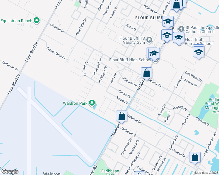 map of restaurants, bars, coffee shops, grocery stores, and more near 669 Bel Air Drive in Corpus Christi