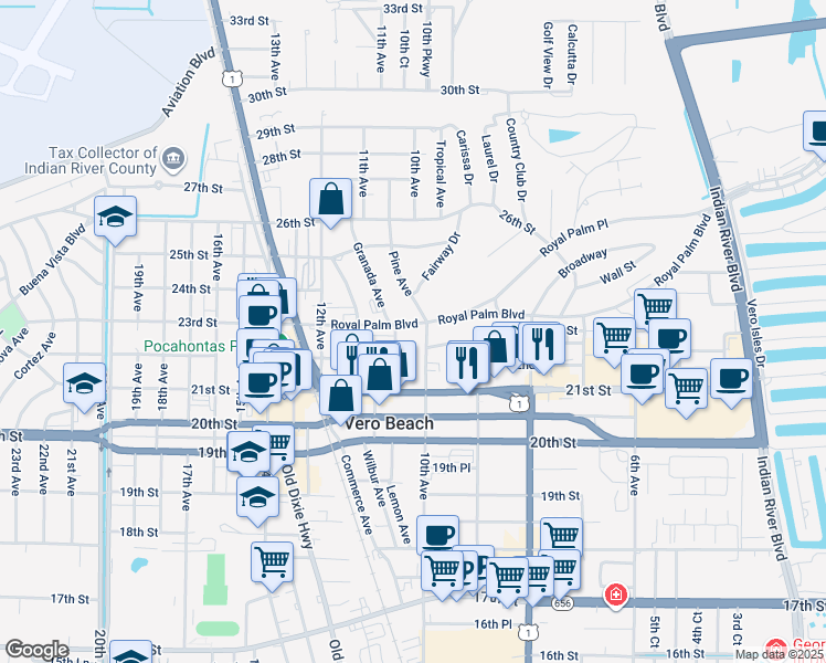 map of restaurants, bars, coffee shops, grocery stores, and more near 1031 Royal Palm Boulevard in Vero Beach
