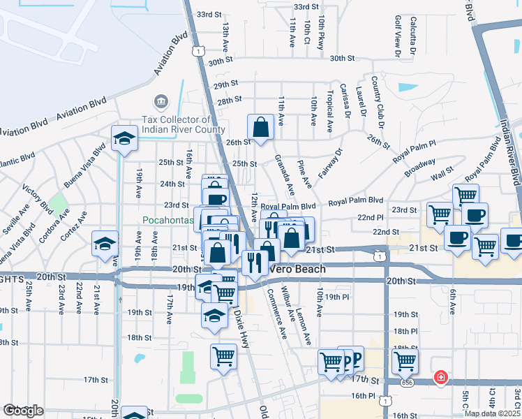 map of restaurants, bars, coffee shops, grocery stores, and more near 1165 23rd Street in Vero Beach