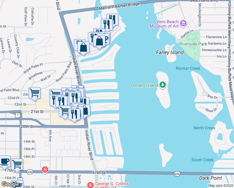 map of restaurants, bars, coffee shops, grocery stores, and more near 3 Sailfish Road in Vero Beach