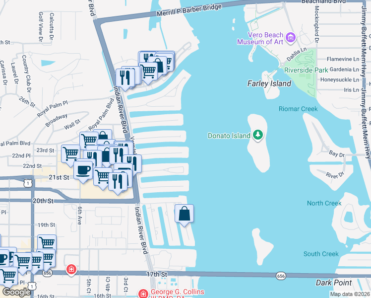map of restaurants, bars, coffee shops, grocery stores, and more near 3 Sailfish Road in Vero Beach