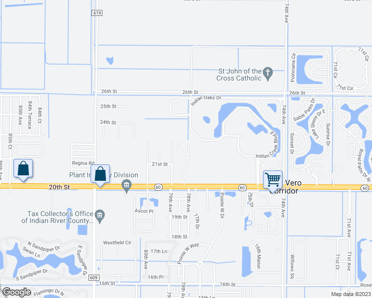map of restaurants, bars, coffee shops, grocery stores, and more near 2180 Pine Creek Boulevard in Vero Beach