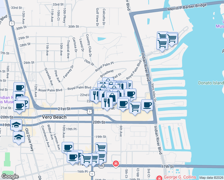 map of restaurants, bars, coffee shops, grocery stores, and more near 677 Royal Palm Boulevard in Vero Beach