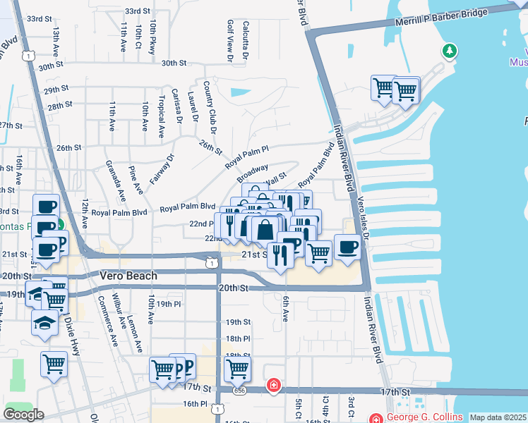 map of restaurants, bars, coffee shops, grocery stores, and more near 677 Royal Palm Boulevard in Vero Beach